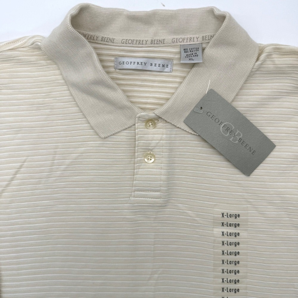 Geoffrey Beene Polo Shirt Mens XL Cream Striped Cotton Rayon Short Sleeve New